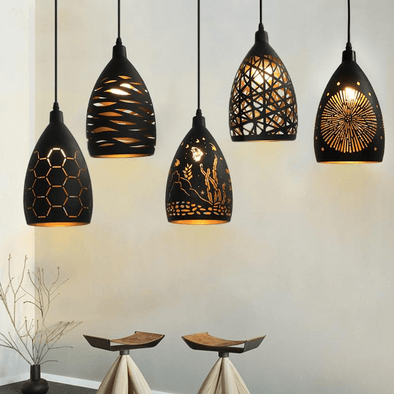 Besson Patterned Pendant Lights by Berken Stone. Close-up Shot of the Five Different Designs in Living Room Environment.